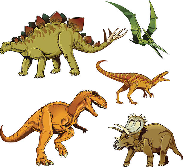 illustrazioni stock, clip art, cartoni animati e icone di tendenza di dinosaurus set-t-rex stegosauro raptor triceratops pterodattilo - stegosauro