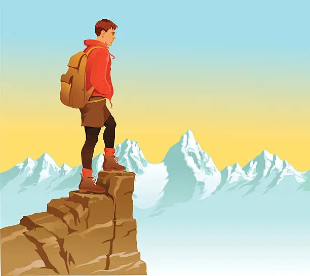 Vector illustration of Hiker Looking Over The Mountain Range