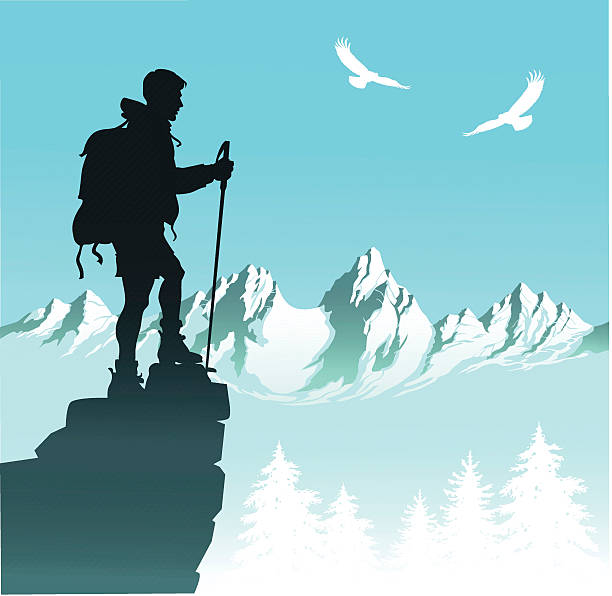 nature hiker with mountain range and eagles - eagles stock illustrations