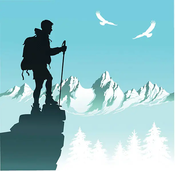 Vector illustration of Nature Hiker With Mountain Range and Eagles