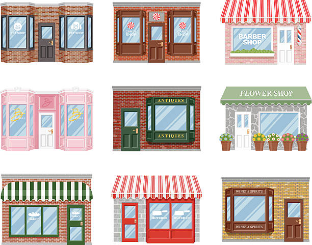 A set of old fashioned store fronts with a variety of subjects: A florist, boutique, pet store, candy shop, antiques dealer, bakery, barber, and wine shop. File contains no gradients.