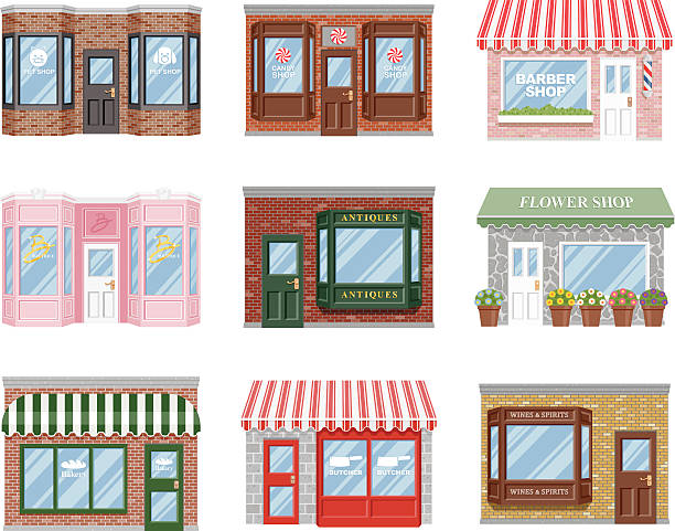 Old Fashioned Storefront Icon Set A set of old fashioned store fronts with a variety of subjects: A florist, boutique, pet store, candy shop, antiques dealer, bakery, barber, and wine shop. File contains no gradients. butchers shop illustrations stock illustrations