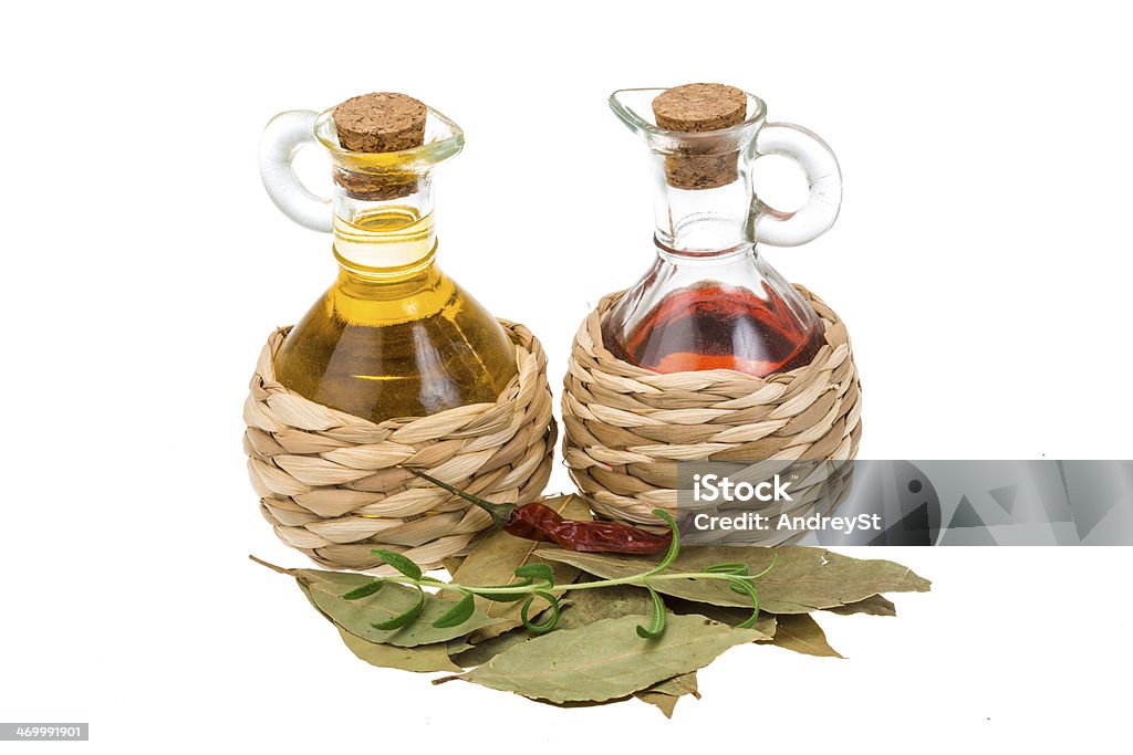 Vinegar and oil Vinegar, oil and laurel Backgrounds Stock Photo