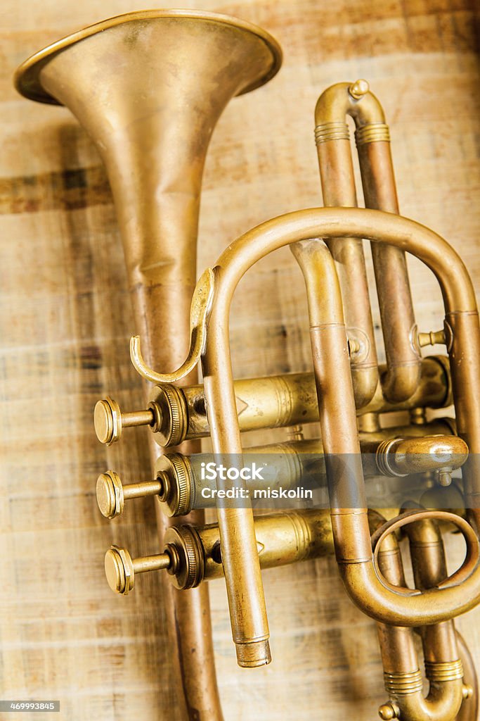 Trumpet Old damaged brass trumpet photographed on papyrus. Blowing Stock Photo