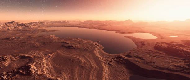 Martian landscape with lakes, water Martian landscape with lakes, water. mars planet stock pictures, royalty-free photos & images