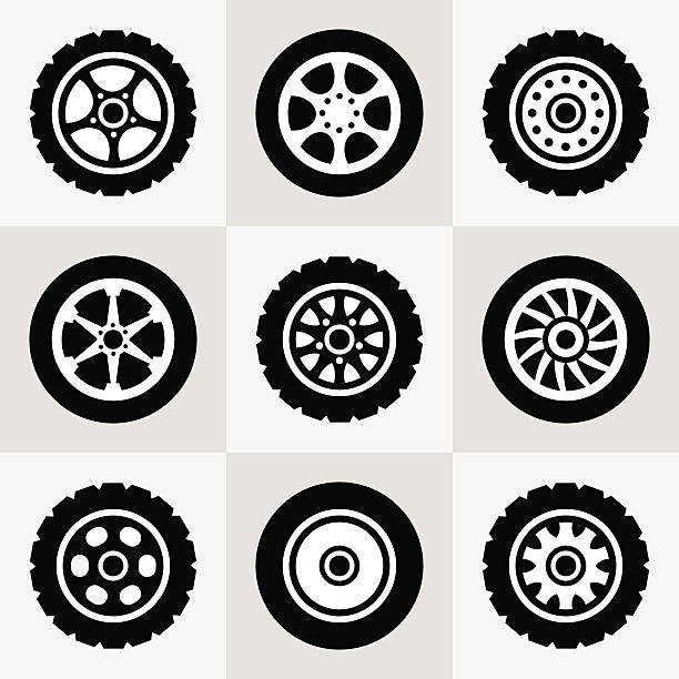 illustrazioni stock, clip art, cartoni animati e icone di tendenza di icone set di pneumatici e ruote - sports race colors rubber pattern