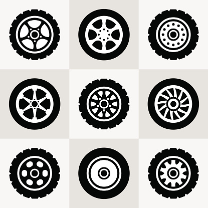 Tires and wheels icons set. Vector illustration.