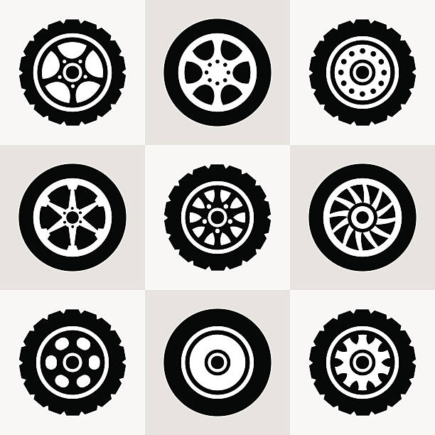 Tires and wheels icons set Tires and wheels icons set. Vector illustration. hubcap stock illustrations