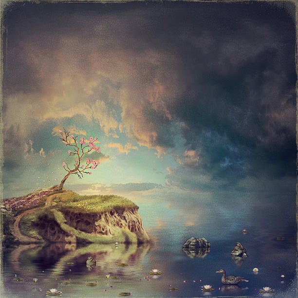 Small island with a tree of sakura on the river