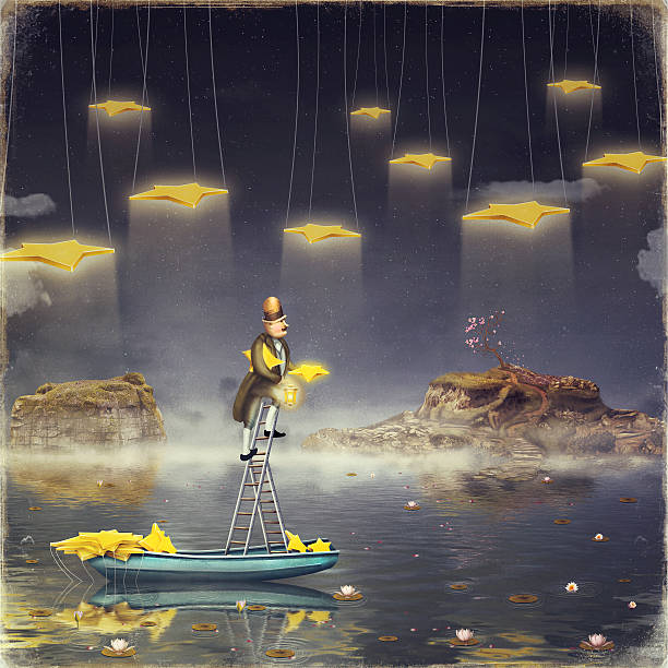 istock Man reaching for stars  at top of tall ladder 469997060
