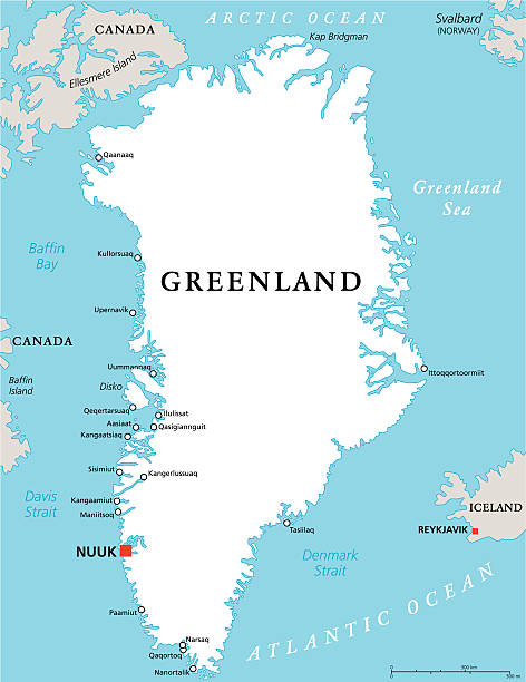 Greenland Political Map Greenland Political Map with capital Nuuk and important cities. Autonomous country within the Kingdom of Denmark. English labeling and scaling. Illustration. disko bay stock illustrations