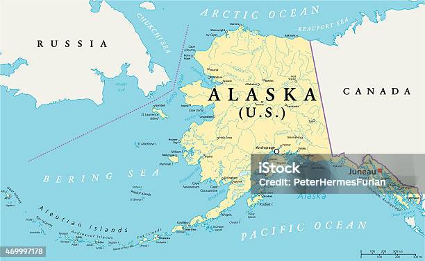 Alaska Political Map向量圖形及更多阿拉斯加州圖片 - 阿拉斯加州, 地圖, 白令海