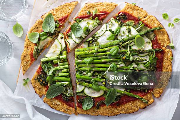 Cauliflower Pizza With Zucchini And Asparagus Stock Photo - Download Image Now - 2015, Baked, Baking