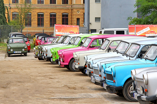 Berlin, Germany - September 12, 2013: Trabant retro vehicles at the parking of the Trabi Safari touristic service.