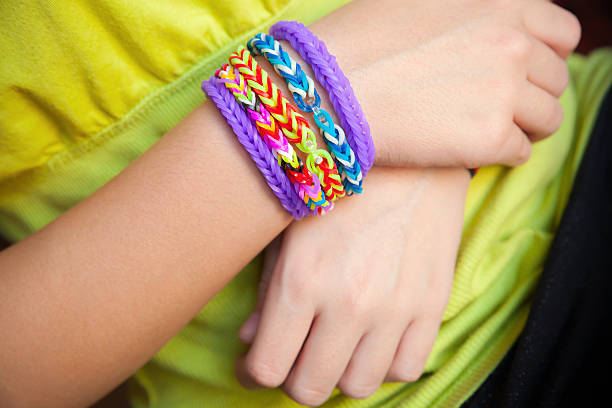 istock Child hands with Colorful rubber rainbow loom band bracelet 469998270