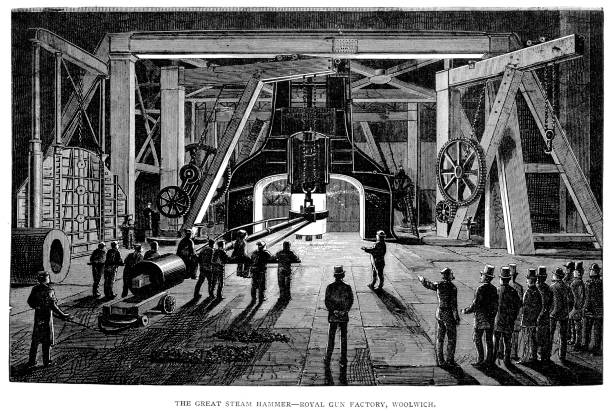The Great Steam Hammer, Woolwich Vintage engraving of the Great Steam Hammer, at the Royal Gun Factory, Woolwich, England. 1884 steel mill stock illustrations