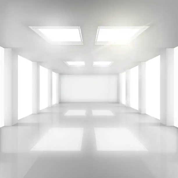 Vector illustration of White Room with Windows in Walls and Ceiling.