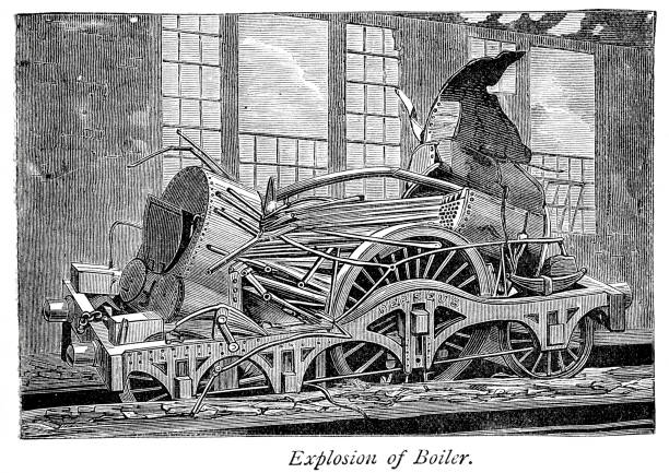 Wreck of a Steam Train Vintage engraving of the wreckage of a steam train after the explosion of its boiler. 1884 locomotive photos stock illustrations