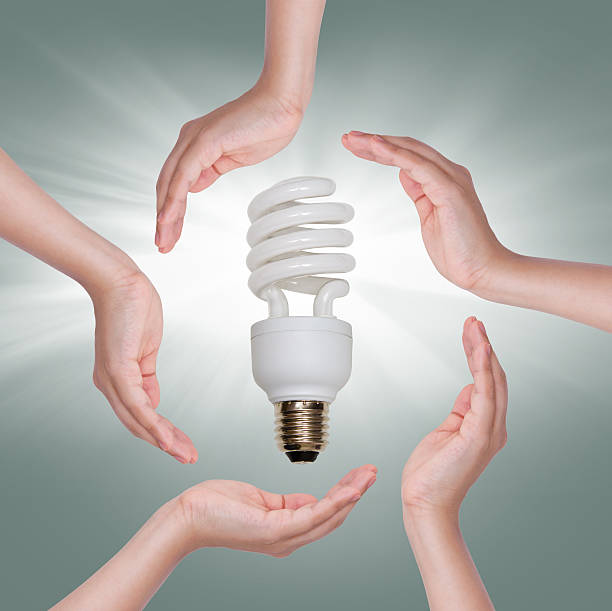istock Energy saving fluorescent spiral light bulb in hand isolated on 470000859