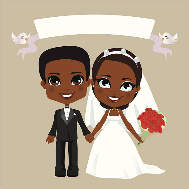 Black Couple Wedding Illustration of lovely black couple wedding with white banner african bride and groom stock illustrations