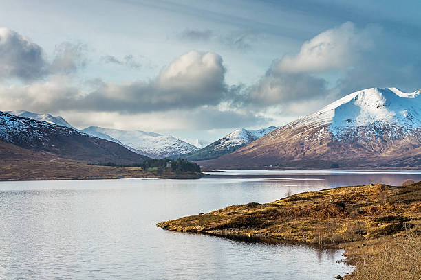 Winter in the Scottish Highlands with Snowy Mountains in the Sunlight. Loch Cluanie, Scotland, Great Britain.