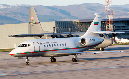 Sofia, Bulgaria - April 11, 2015: Bulgaria's government Falcon airplane is moving on the Sofia Airport's runway after landing.