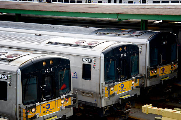New York City, USA - October 28, 2014: Long Island Railroad passenger trains parked at the West Side Railroad Yard, West Side of Manhattan.