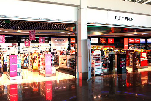 Zaventem, Belgium - April 5, 2015: Duty Free store selling perfumes and cosmetics in the Brussels International Airport. 