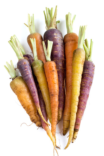Bunch of fresh organic rainbow carrots  isolated on white