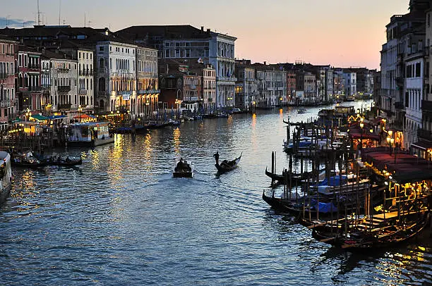 Sunset at Venice from Rialto Bridge with gondolas and boats