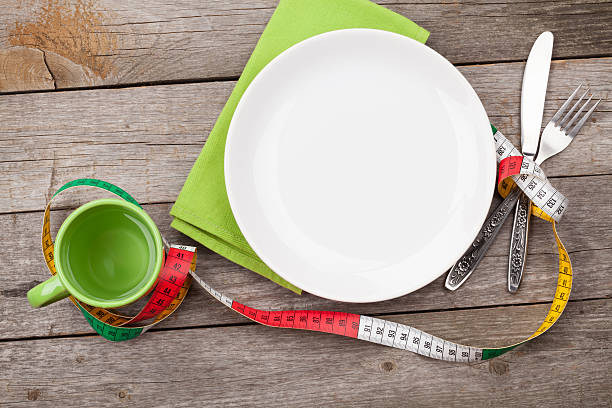 istock Plate with measure tape, cup, knife and fork 470018196