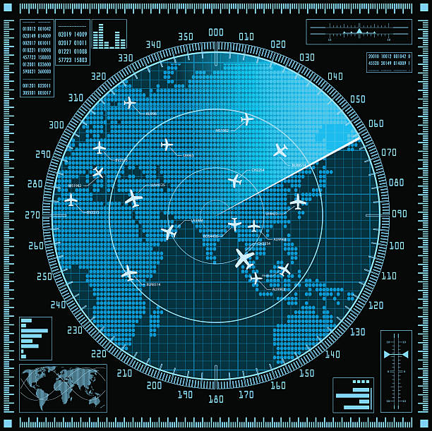 Blue radar screen with planes and world map Blue radar screen with planes and world map. Vector EPS10. flight radar screen stock illustrations