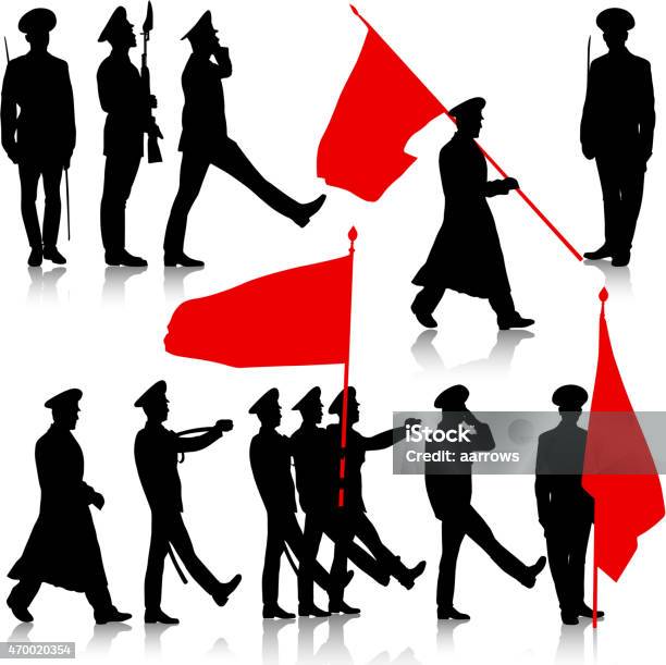 Silhouette Military People With Flags Stock Illustration - Download Image Now - Armed Forces, Marching, 2015
