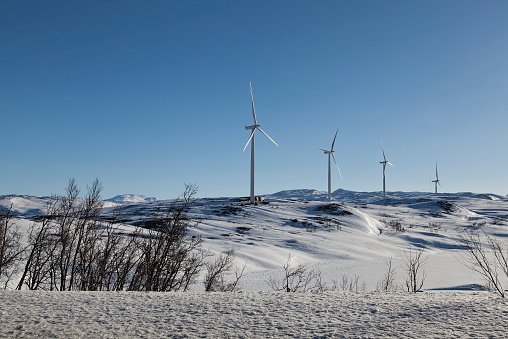 A collection of windmills on a snowy landscape