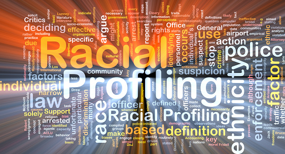 Background text pattern concept wordcloud illustration of racial profiling glowing light
