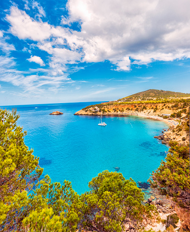 Elevated view the beautiful beach, fisherman houses and a catamaran in the bay of Cala D'hort in Ibiza (Spain).