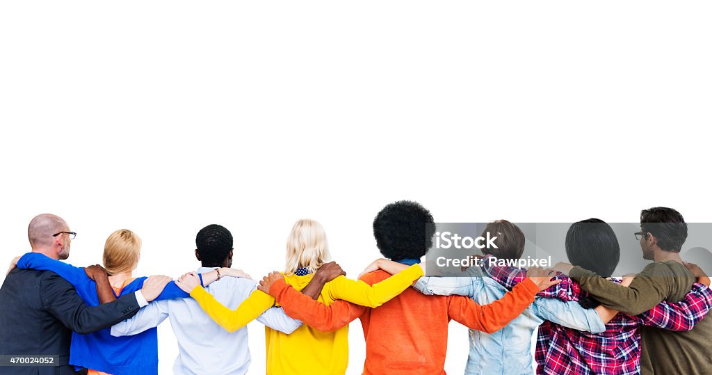 Group Of Multi-Ethnic People's Hands On Each Other's Shoulder An Group Of Multi-Ethnic People's Hands On Each Other's Shoulder And Looking At White Background. Hand On Shoulder Stock Photo
