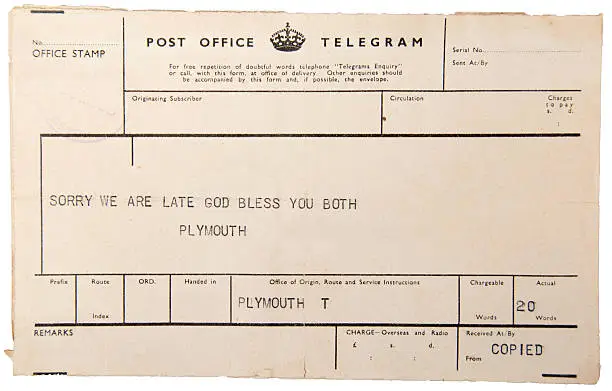 Old British Telegram from the mid Twentieth Century.