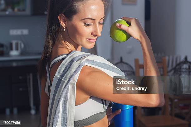 Active Athletic Sportive Woman With Towel In Sport Outfit Holding Stock Photo - Download Image Now