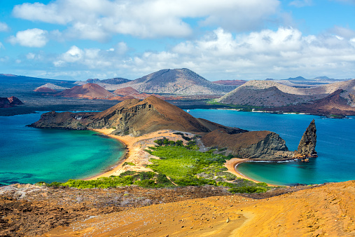 View of two beaches on Bartolome Island in the Galapagos Islands in Ecuador