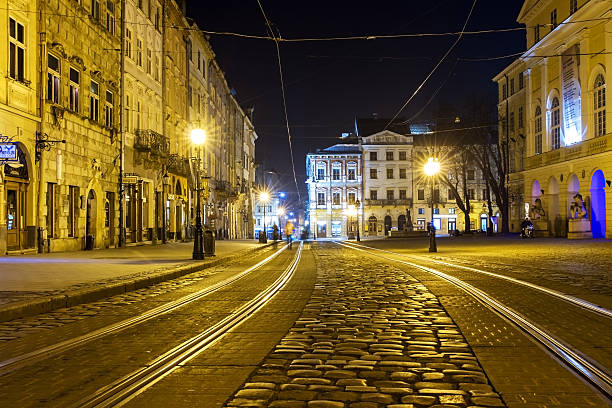 istock Tram in the Old Town in Lviv, Ukraine. 470028336