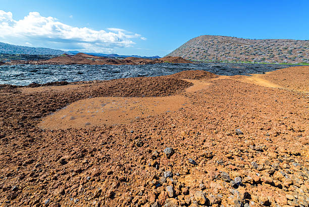 Galapagos Landscape Barren landscape with dry lava flow visible on Santiago Island in the Galapagos Islands in Ecuador isla san salvador stock pictures, royalty-free photos & images