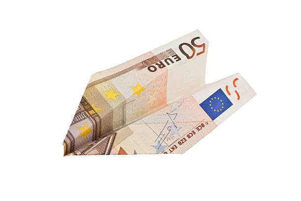 avión hecho de billetes de euro - crisis european union currency europe debt fotografías e imágenes de stock