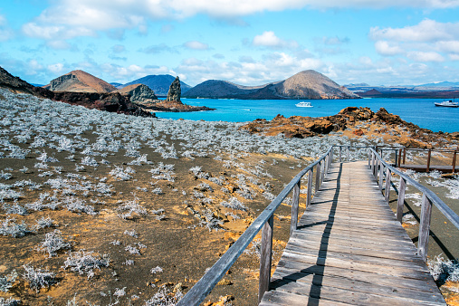 View of walkway on Bartolome Island with Pinnacle Rock in the background in the Galapagos Islands in Ecuador