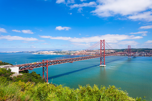 The 25 de Abril Bridge is a bridge connecting the city of Lisbon to the municipality of Almada on the left bank of the Tejo river, LisbonThe 25 de Abril Bridge is a bridge connecting the city of Lisbon to the municipality of Almada on the left bank of the Tejo river, Lisbon