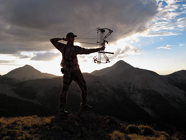 bow hunter silhouette bow hunter silhouette with dramatic landscape archery bow stock pictures, royalty-free photos & images