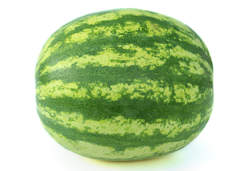 Photo showing a whole watermelon fruit pictured on its side, so that the green stripes run horizontally.  The melon is shown isolated against a white background, ready to be cut into slices and eaten.