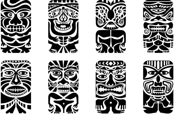 Different types of tiki masks in black easy to edit vector illustration of tiki mask totem pole face stock illustrations