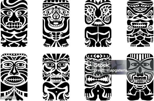 Different Types Of Tiki Masks In Black Stock Illustration - Download Image Now - Tahiti, Tattoo, Tiki