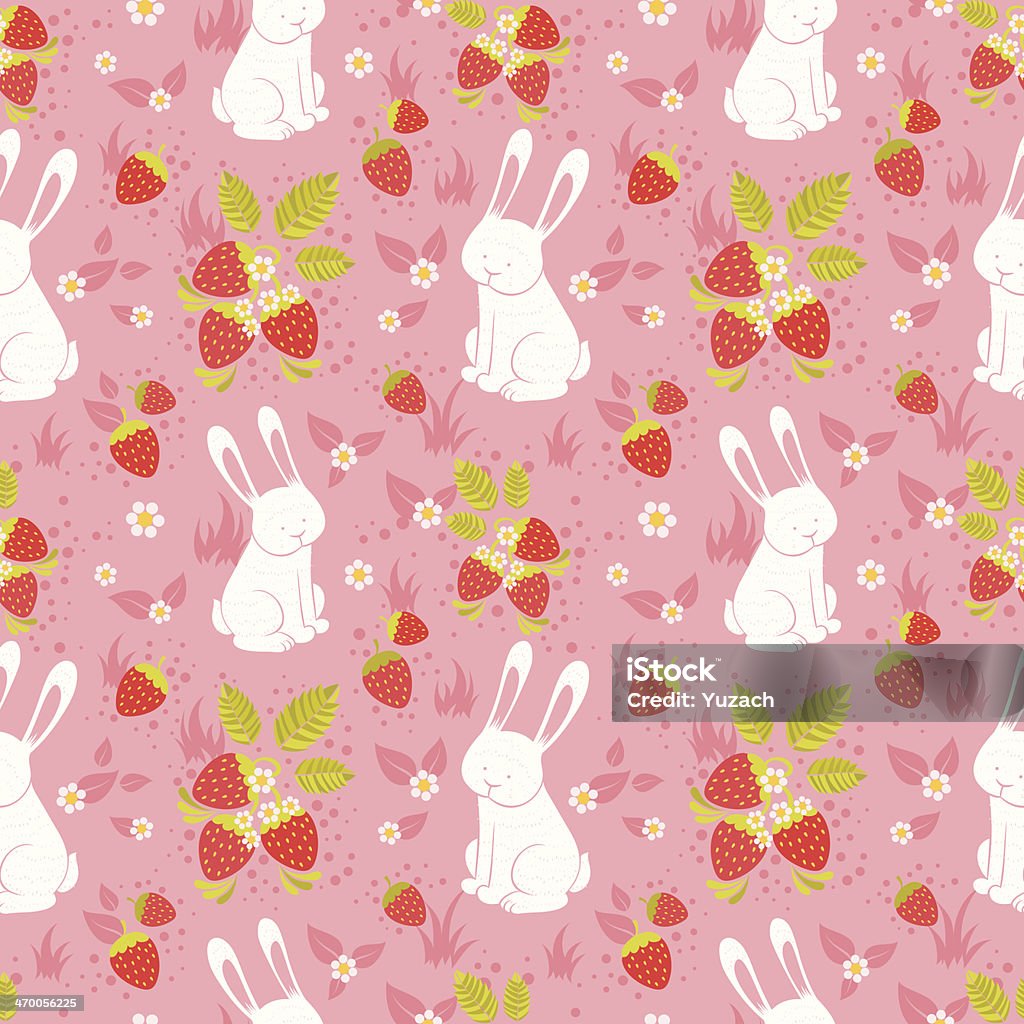 Adorables lapins et les fraises sauvages folk motif sans couture. - clipart vectoriel de Abstrait libre de droits